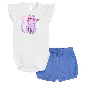 White sleeveless bodysuit with cat print and violet shorts with adjustable waist set