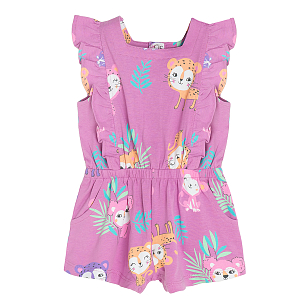 Lilac romper with small monkeys and cheetas print