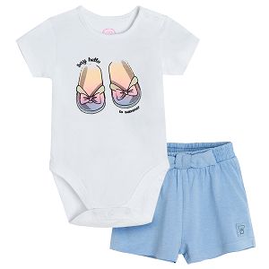 White short sleeve bodysuit with flip flop print and blue shorts set