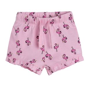 Pink shorts with flamingo print adjustabel waist and ruffle on the legs