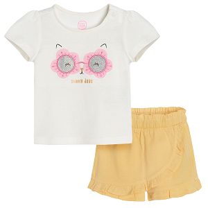 White short sleeve T-shirt with sunglasses print and yellow shorts/skirt set