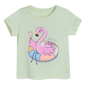 Light green short sleeve T-shirt with flamingo floatie