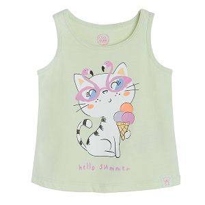 Light green sleeveless T-shirt with kitten eating ice- cream print