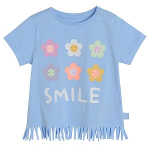 Light blue sleeveless T-shirt with SMILE print flowers and firnges