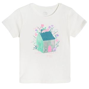 White short sleeve T-shirt with house print