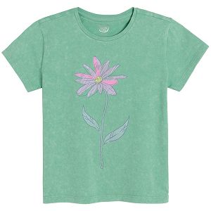 Green short sleeve T-shirt with flower print