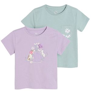 Mint and light violet with dog and cat print short sleeve T-shirts- 2 pack