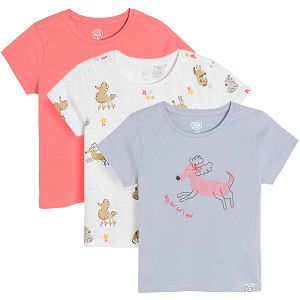 White and graphite with dogs print and pink short sleeve T-shirts- 3 pack