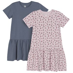 Pink floral and blue- grey short sleeve dresses - 2 pack