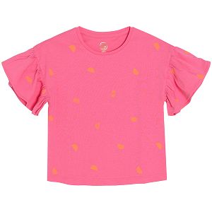 Pink short sleeve T-shirt with yellow patters and ruffle on the sleeves