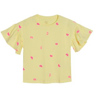 Yellow short sleeve T-shirt with yellow patters and ruffle on the sleeves