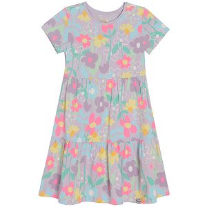 Φόρεμα κοντομάνικο μωβ με στάμπα πολύχρωμα λουλούδια