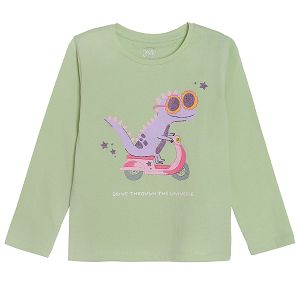 Light green long sleeve T-shirt with dinosaur on motorbike print