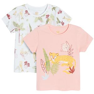 White with desert leaves and yellow with lion print short sleeve T-shirts - 2pack