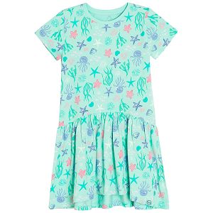Turquoise short sleeve summer dress with sea world print