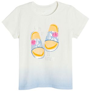 White short sleeve T-shirt with summer slippers and STEPS TO THE FUTURE print