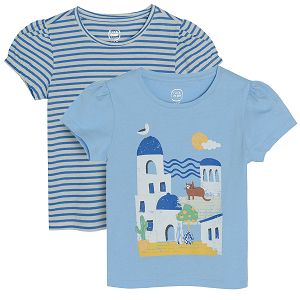 Blue with summer theme print and striped short sleeve T-shirts - 2 pack