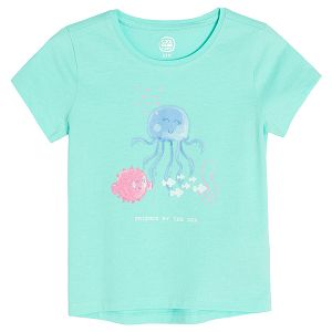 Turquoise short sleeve T-shirt with sea world print