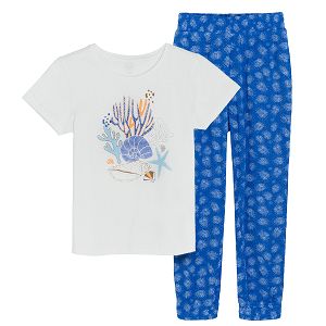 White short sleeve T-shirt with sea world print and blue trousers with white prints set