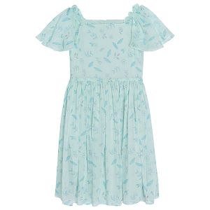 Φόρεμα κοντομάνικο με γαλάζιο τούλι και στάμπα φύλλα