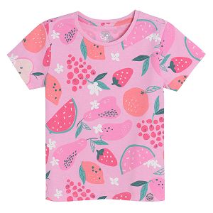 Pink short sleeve T-shirt with summer fruit print