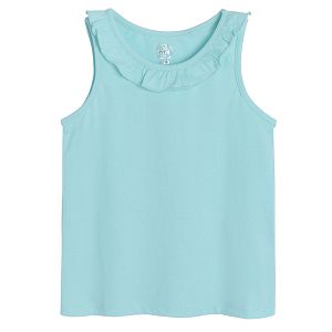 Turquoise sleeveless T-shirt with ruffle on the colar
