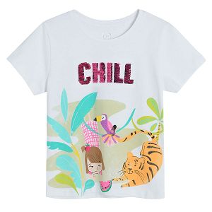 White short sleeve T-shirt with girl and wild animals print
