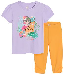 Violet short sleeve T-shirt with girl and wild animals and orange leggings set