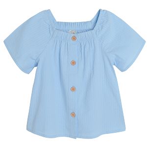 Blue short sleeve blouse with buttons and square neckline