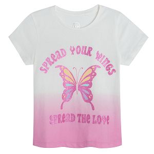 Cream short sleeve T-shirt with buttefly and SPREAD YOUR WINGS SPREAD THE LOVE print