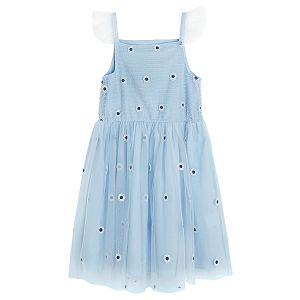 Φόρεμα αμάνικο γαλάζιο με λουλούδια και τούλι