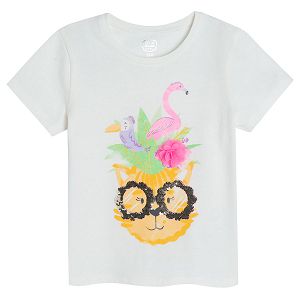 White short sleeve T-shirt with wild animals print