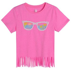 Fluo pink short sleeve T-shirt with sunglasses and summer theme print and fringes