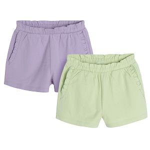 Olive and violet shorts with elastic waist