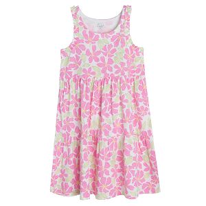 Φόρεμα αμάνικο λευκό με ροζ λουλούδια και φύλλα