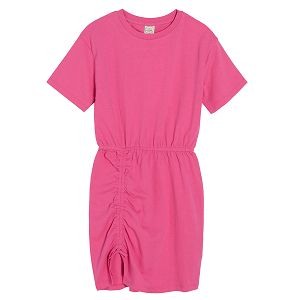 Φόρεμα κοντομάνικο έντονο ροζ με λάστιχο