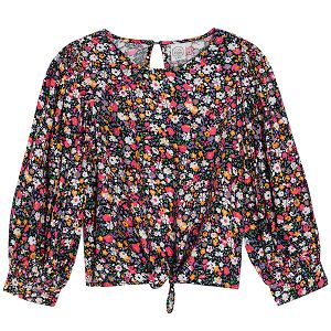 Navy blue floral long sleeve blouse with knot on the front