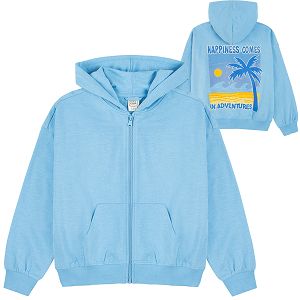 Light blue zip through hooded sweatshirt with summer vibes print on the back