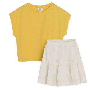 Σετ φούστα μπεζ με βολάν και αμάνικη μπλούζα κίτρινη