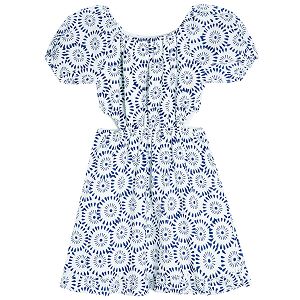 Φόρεμα κοντομάνικο γαλάζιο λευκό με στρογγυλά σχέδια και κόψιμο στη μέση