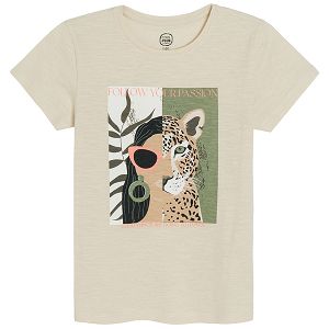 Cream short sleeve T-shirt with woman and tiger print