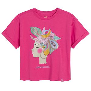 Fluo pink short sleeve T-shirt with woman with tropical fruit hat print