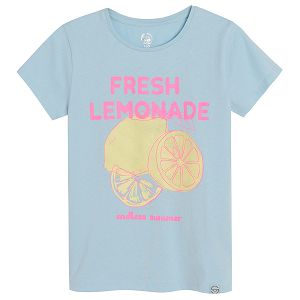 Light blue short sleeve T-shirt with lemon print FRESH LEMONADE