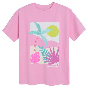 Pink short sleeve T-shirt with tropical nature print