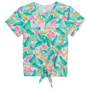 White short sleeve T-shirt with tropical leaves print and knot