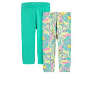 Yellow with tropical leaves print and green 3/4 leggings - 2 pack