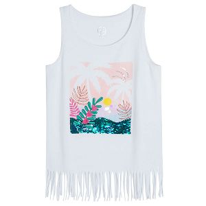 White sleeveless T-shirt with summer theme print and fringes