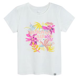 White short sleeve T-shirt with flowers and SUMMER AIR print