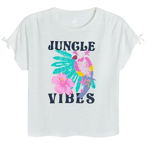 White short sleeve T-shirt with parrot and JUNGLE VIBES print