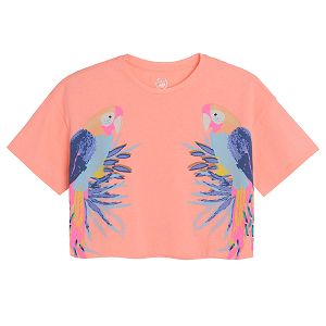 Fluo coral short sleeve T-shirt with parrots print